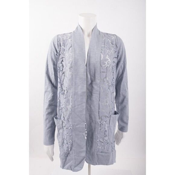 LOGO by Lori Goldstein Open Front Slub Cardigan w/ Lace Detail XXS Gray Shirt - Picture 1 of 5
